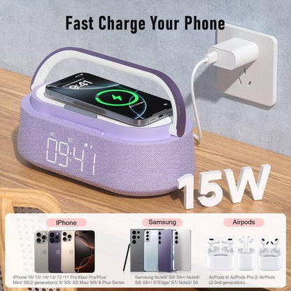 FREEFISH Bluetooth Speaker with Wireless Charger, FM Radio, Dimmer Night Light, Phone Holder, Wireless Charging Speakers for iPhone Samsung AirPods, Bedrooms Home Office Gifts