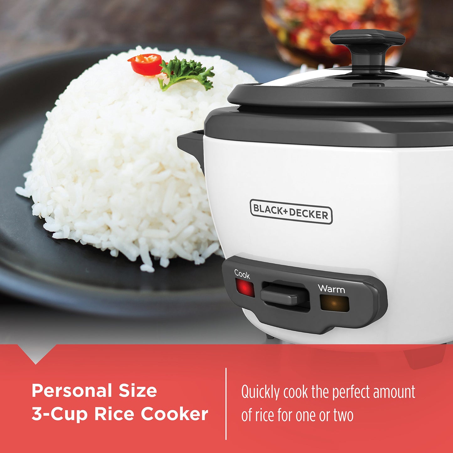 BLACK+DECKER 3-Cup Rice Cooker, RC503, 1.5-cup Uncooked Rice, Steaming Basket, Removable Non-Stick Bowl, One Touch