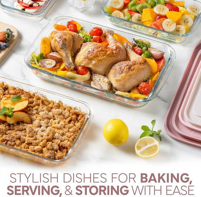 Cook With Color 8 Pc. Glass Baking Dish Set - Deep Casserole Dishes with Lids, Oven & Microwave Safe, Clear & Pink