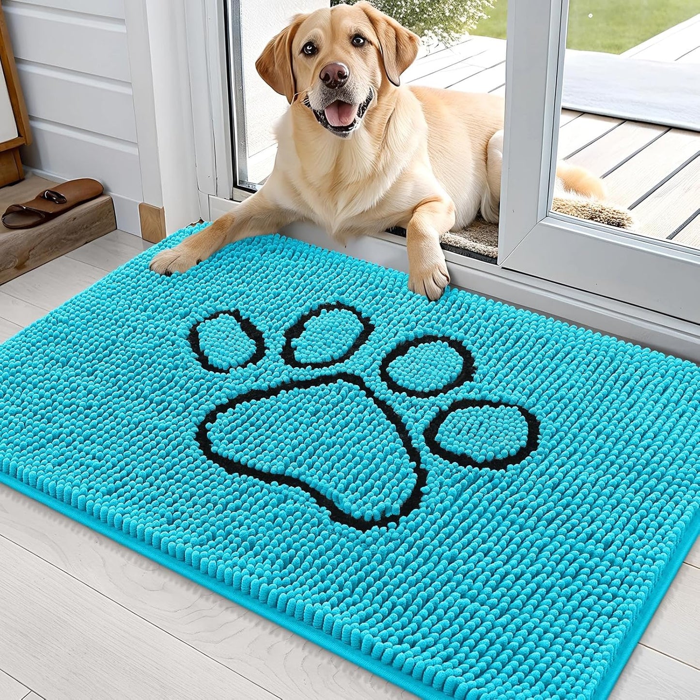 OLANLY Dog Door Mat - Absorbent Non-Slip Mud Mat for Muddy Paws | 36x24 Aqua Blue Chenille Design