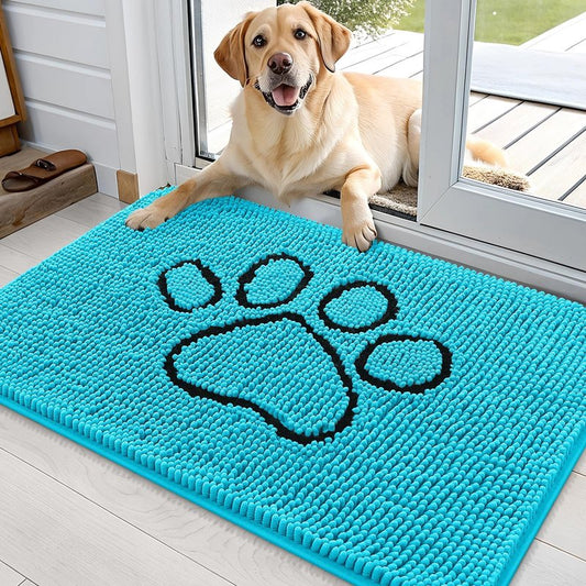 OLANLY Dog Door Mat for Muddy Paws 36x24, Paw Print Design, Absorbs Moisture and Dirt, Absorbent Non-Slip Washable Doormat, Quick Dry Chenille Mud Mat for Dogs, Entry Indoor Entryway Carpet, Aqua Blue