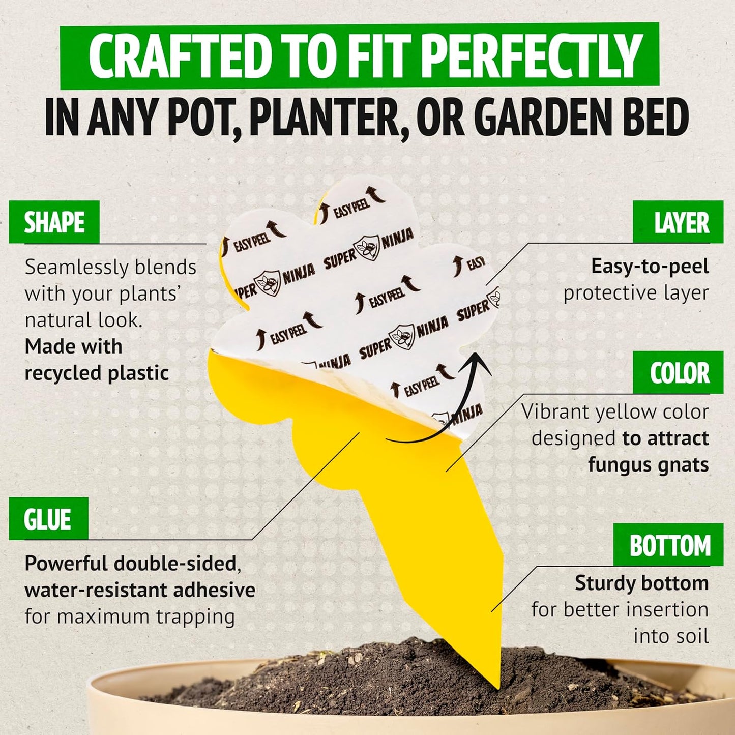 Super Ninja Fungus Gnat Traps - 30 Pack, Highly Effective Gnat Traps for House Indoor, Yellow Sticky Trap for Plants, Non-Toxic & Nature-Friendly, Up to 3 Months