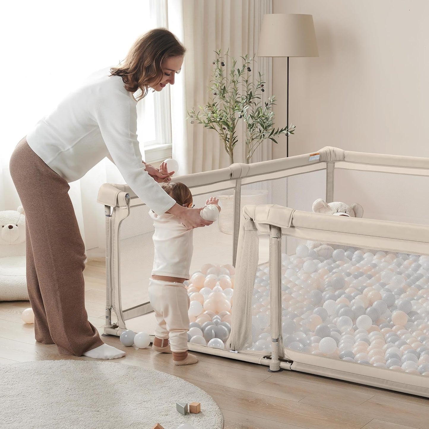Sweeby Baby Playpen - Extra Large 79x71 Inch Foldable Playpen with Gate | Portable Indoor/Outdoor Use, Beige