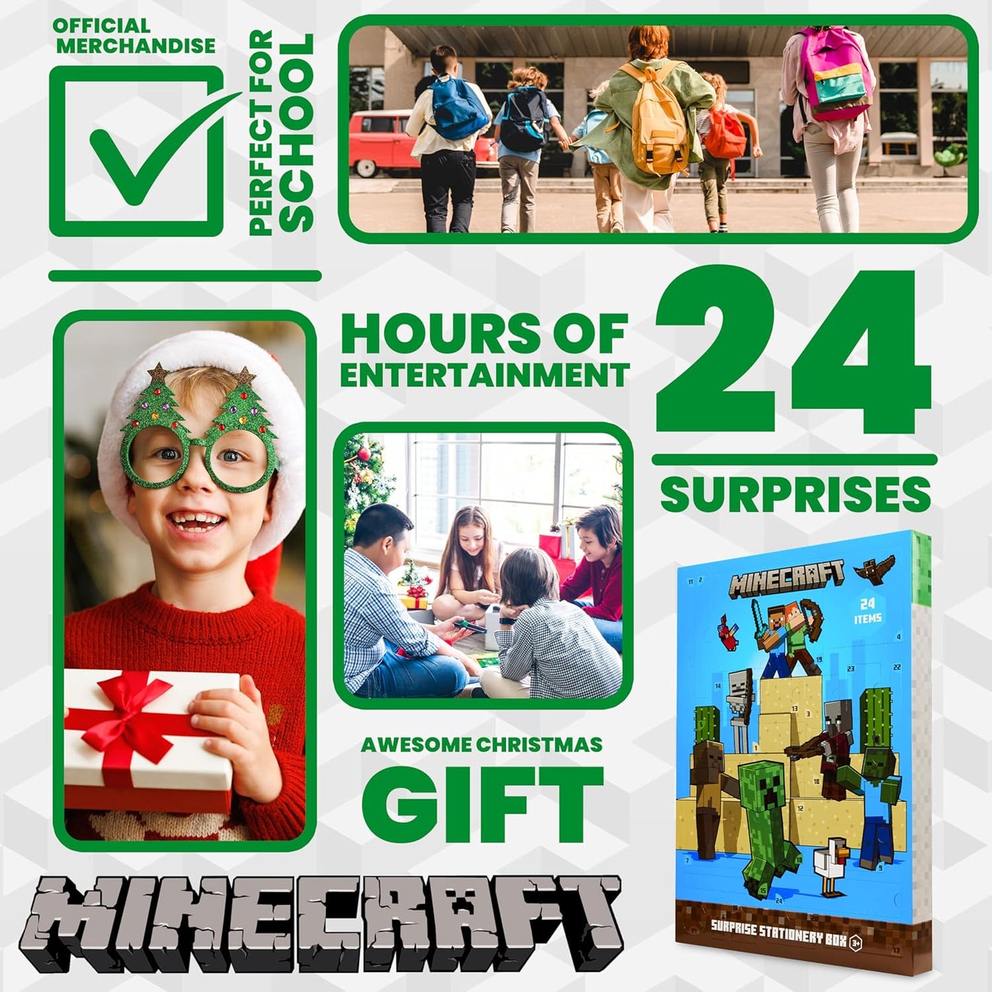 Minecraft Advent Calendar 2025 - 24 Fun Items Including Keychains, Pens & Notebooks | Blue/Green Gamer Gift
