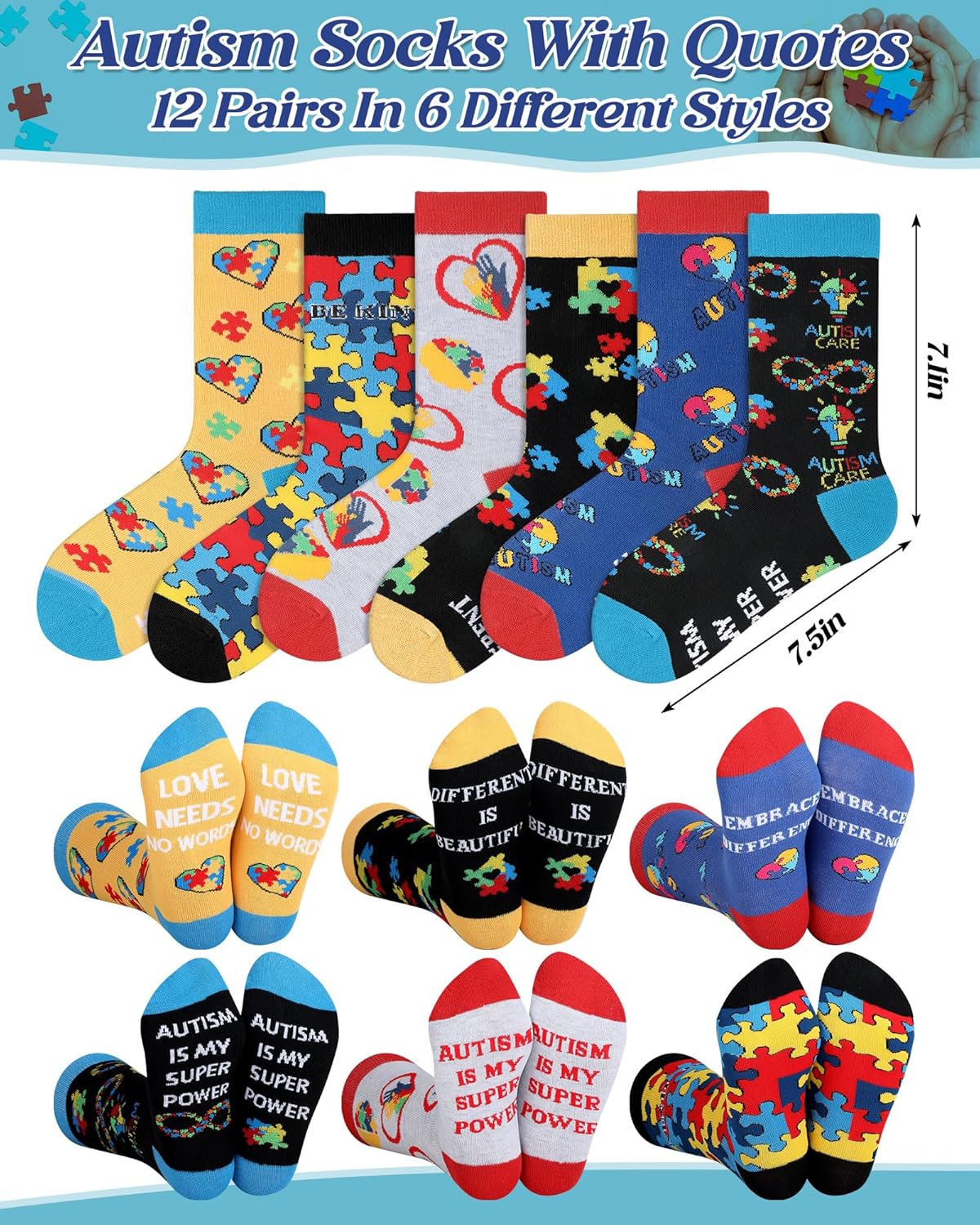Skiennix Autism Awareness Socks - 12 Pairs Colorful Graphic Designs for Men & Women | Perfect Gift