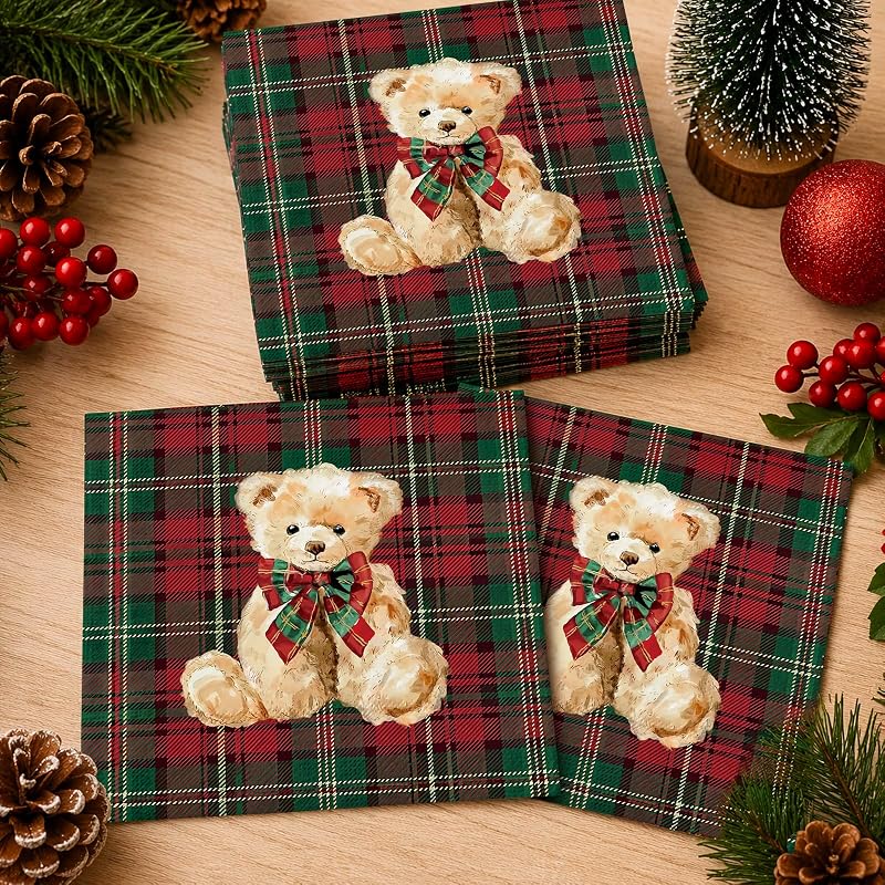 Whaline Red Green Plaid Bear Paper Napkins 50ct - 13x13in Luncheon, Baby Shower & Christmas Theme