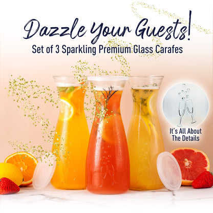 Prestige Mimosa Bar Kit - Glass Carafe (27oz) & Brunch Decor, Pitcher w/Plastic Lid, Bubbly Juice Carafes for Mimosa Bar Supplies, Baby Bridal Shower (Set of 3)