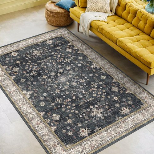 Black Modern Farmhouse 5x8 Area Rug for Living Room, Boho Large Entryway Rug, Dark Floor Carpet for Kitchen Under Small Dining Table, Bedroom - Washable Low Pile Waterproof Non Slip & Stain Resistance