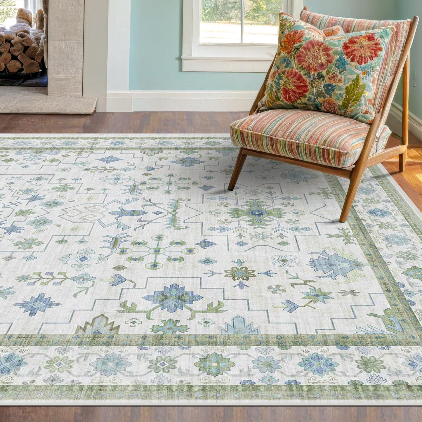 Oushak 4x6 Boho Pastel Area Rug - Low Pile, Non-Slip, Stain Resistant for Living Room & Entryway