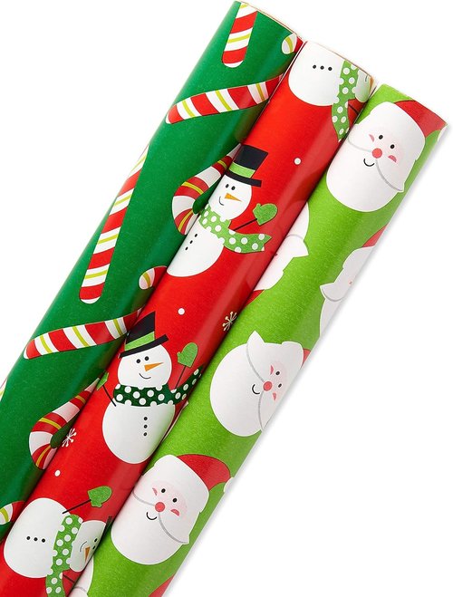 American Greetings Christmas Wrapping Paper Rolls - Reversible Santa & Snowmen Design | 120 sq. ft. (3 Rolls)