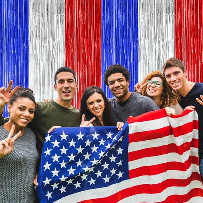 4th of July Decorations by [Brand Name] - 2 Pack Tinsel Backdrop | Red, Silver, Blue Fringe Curtains - 3.28 FT x 7.05 FT