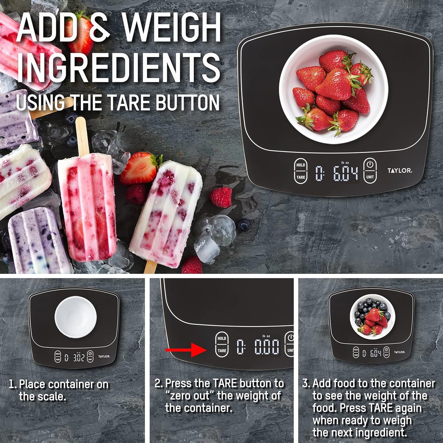 Taylor Waterproof Digital Kitchen Scale - Accurate Measurements Up to 11 Pounds | Sleek Black Design