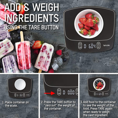 Taylor Waterproof Digital Kitchen Scale - Accurate Measurements Up to 11 Pounds | Sleek Black Design