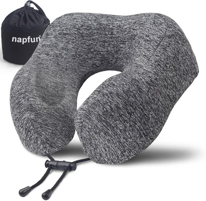 Napfun Travel Neck Pillow - Upgraded 100% Pure Memory Foam for Ultimate Comfort | Portable Grey Headrest