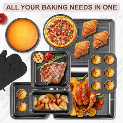 Skiennix 12PCS Nonstick Baking Pans Set - Stackable Bakeware with Wider Grip | Includes Cookie Sheets, Muffin Pan, Loaf Pan, Cake Pan, Roasting Pan, Oven Mitts
