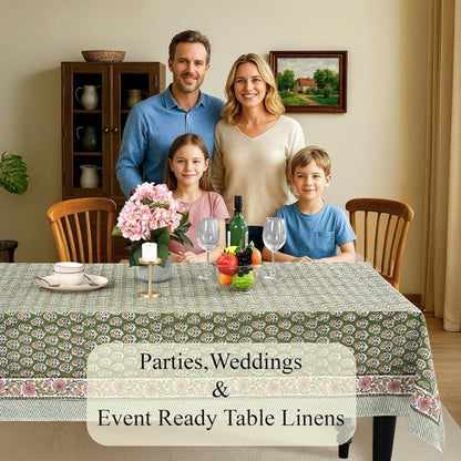CPC Tablecloth - 100% Cotton Indian Block Print | Jade Green 60x90 Inch Rectangle for Weddings & Parties