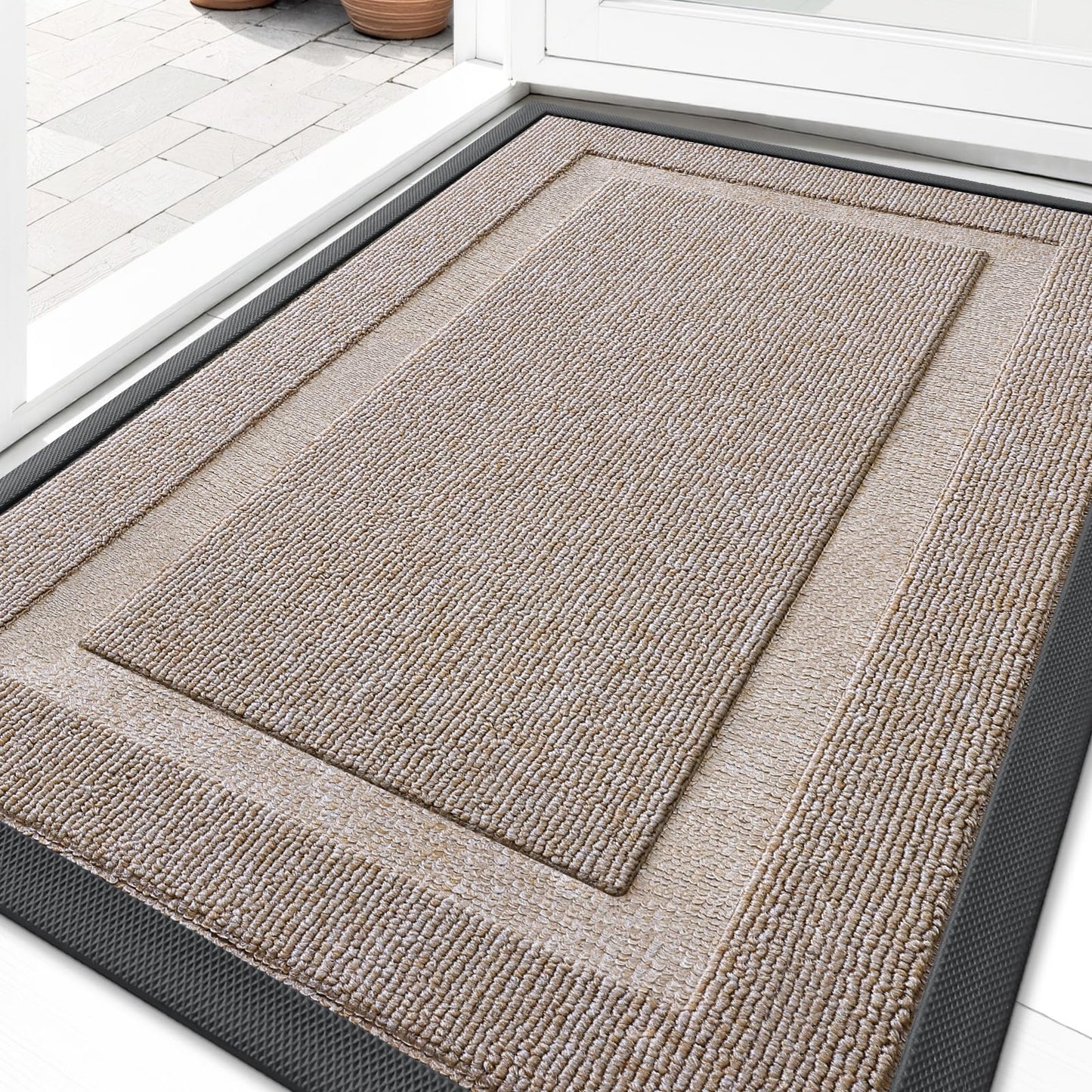 OLANLY Front Door Mat Indoor Outdoor Entrance, Waterproof All-Season, All-Weather Doormat, Sturdy Natural Rubber, Low Profile, Easy Clean Patio Porch Entryway Mat, 29.5x17, Camel
