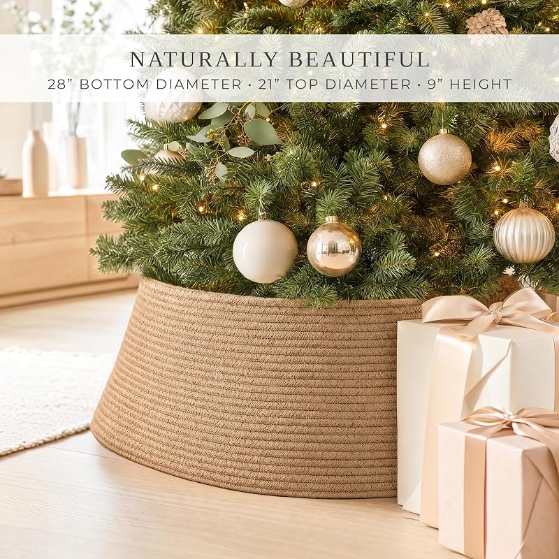 Brown 28" Jute Tree Collar - Modern Christmas Tree Ring, 9" Tall