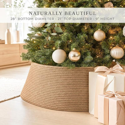 Brown 28" Jute Tree Collar - Modern Christmas Tree Ring, 9" Tall