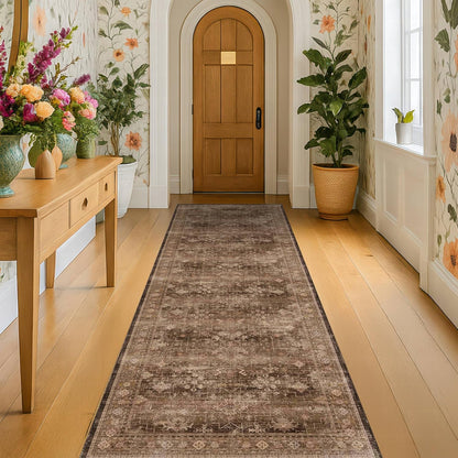 Skiennix Brown Washable Runner Rug - Non-Slip Rubber Backing | 2'6"x8' for Hallways & Entryways