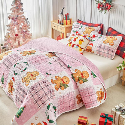 Queen Christmas Quilt Set Pink Plaid Patchwork with Gingerbread Man & Trees - Reversible Gingham Design, 100% Microfiber