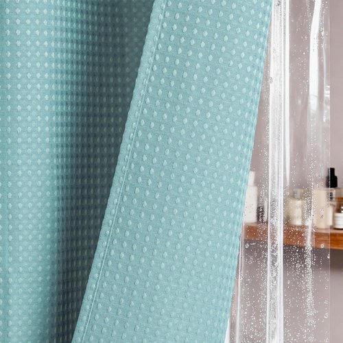 Dynamene Teal Shower Curtain and Liner Set, Waffle Weave Fabric, Waterproof Clear Liner, 256GSM Heavy Duty Weighted Hotel Luxury Cloth Shower Curtains for Bathroom with 12 Plastic Hooks, 72Wx72H