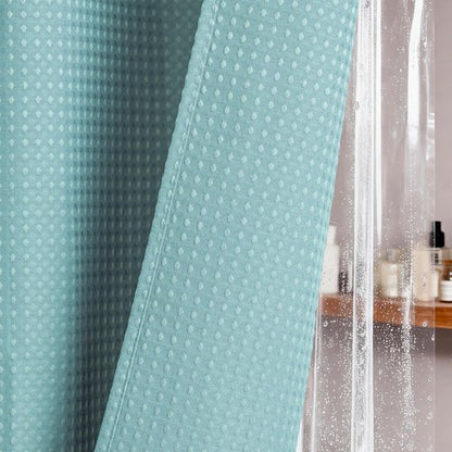 Dynamene Teal Shower Curtain and Liner Set, Waffle Weave Fabric, Waterproof Clear Liner, 256GSM Heavy Duty Weighted Hotel Luxury Cloth Shower Curtains for Bathroom with 12 Plastic Hooks, 72Wx72H