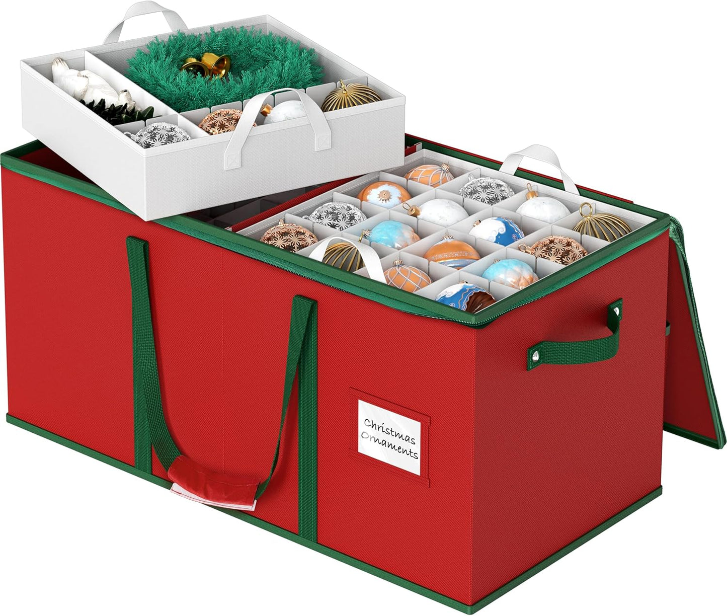 Simple Houseware Heavy-Duty Christmas Ornament Storage Box - Holds 128 Ornaments, Adjustable Dividers, Red
