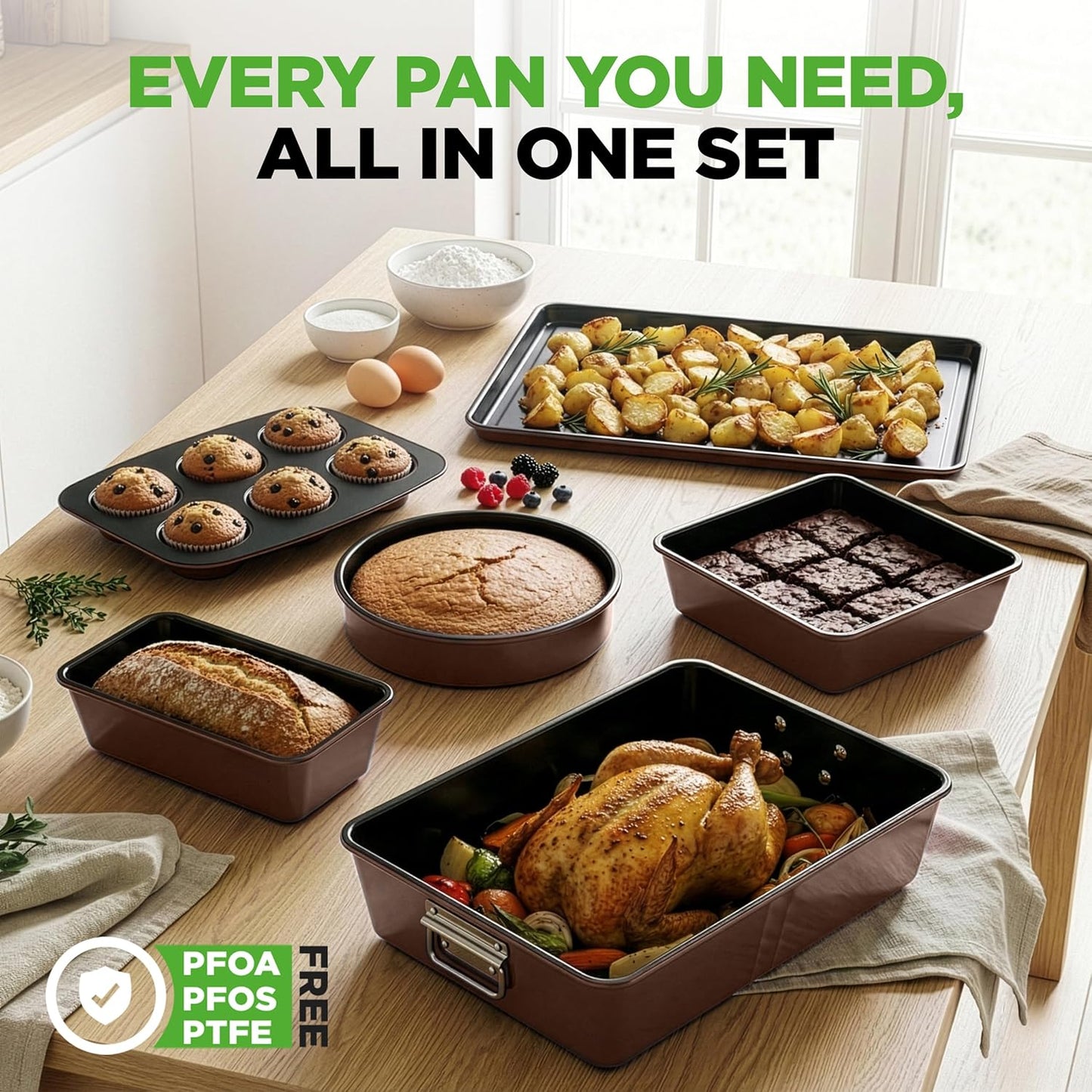 NutriChef 8-Piece Nonstick Bakeware Set - PFOA Free, Oven Safe to 450°F | Round, Loaf, Muffin & Cookie Pans (Brown)