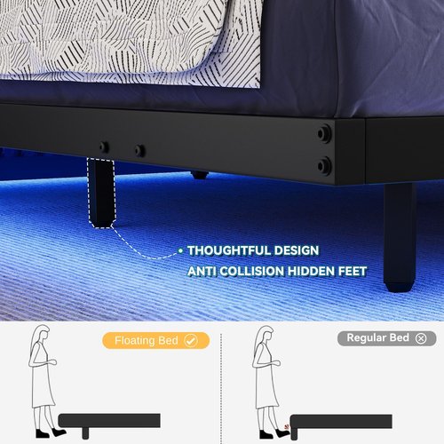 DWVO Full-Size Floating Bed Frame, Metal Platform Bed with LED Light, Charging Hub and Sturdy Steel Slats, Box Spring No Needed, Simple Setup (Black)