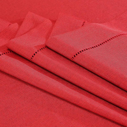 Red Hemstitch Tablecloth – Faux Linen 86" × 60" Rectangle, Handmade Fringe