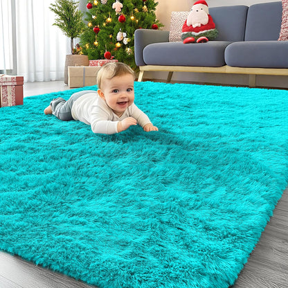 OLANLY Area Rugs - Soft Fluffy Shaggy Indoor Carpet for Living Room & Bedroom | 4x5.9 ft Teal Blue