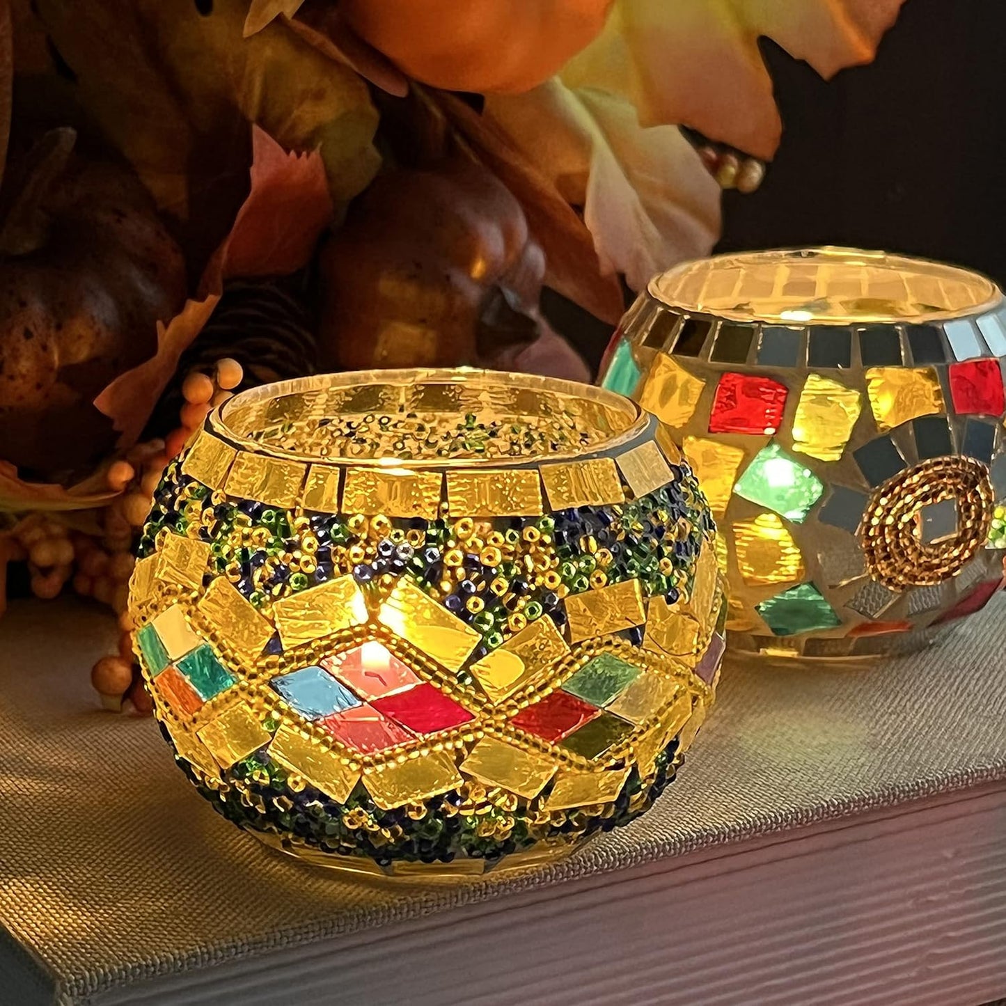 SHMILMH Glass Candle Holder Set - Handmade Mosaic Tealight Holders for Diwali & Christmas | 4-Pack