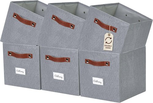 DECOMOMO Storage Bins - Fabric Cube Storage Bins with Labels for Shelves | 11" | 6pcs, Texture Grey