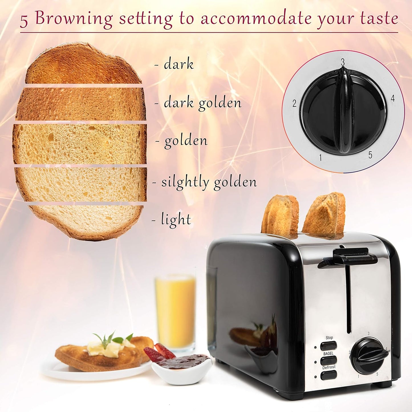 Moss & Stone 2-Slice Toaster - Extra-Wide 1.5-Inch Slots & 5 Shade Settings | Removable Crumb Tray, Black