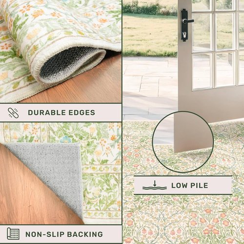 Hazo Haus Non-Slip Bathroom Runner Rug - Vintage Floral Design | Washable 24 x 72 Beige Green Mat