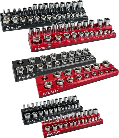 EACELIY Magnetic Socket Organizer Set - 6-Piece Holder for 1/2", 1/4", & 3/8" Sockets | Deep & Shallow Storage