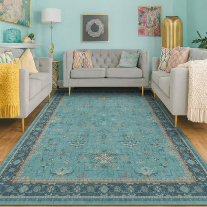 Regine Switzerland Washable 5x8 Teal Rug - Modern Floral Low-Pile, Non-Skid, Stain Resistant for Living Room & Bedroom