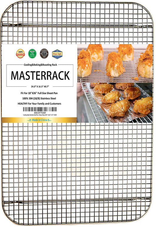 MASTERRACK 100% 304 Stainless Steel Cooling Rack and Wire Grate For Full Size Sheet Bun Pan,Real Heavy Duty 3.20LB, Roasting,Drying,Commercial Quality, Healthy Material