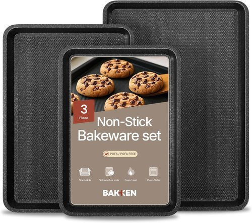 BAKKEN Nonstick Baking Pans Set - 3 Sizes with Diamond Texture Bottom | Oven Safe Up to 450°F, Gray Marble