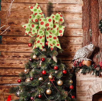 SIMISI Ribbon Christmas Bow - Rustic Green & Red Dots Burlap Decor for Wreaths & Trees | 9.5 x 13 Inch