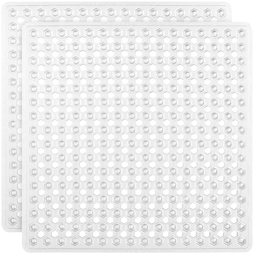 GORILLA GRIP Patented Square Shower Stall Mat, Small Bathtub Floor Mats for Stand Up Showers, Suction Cups and Drainage Holes, Machine Wash, Soft on Feet, Bathroom Accessories 21x21 Inch, 2 Pack Clear