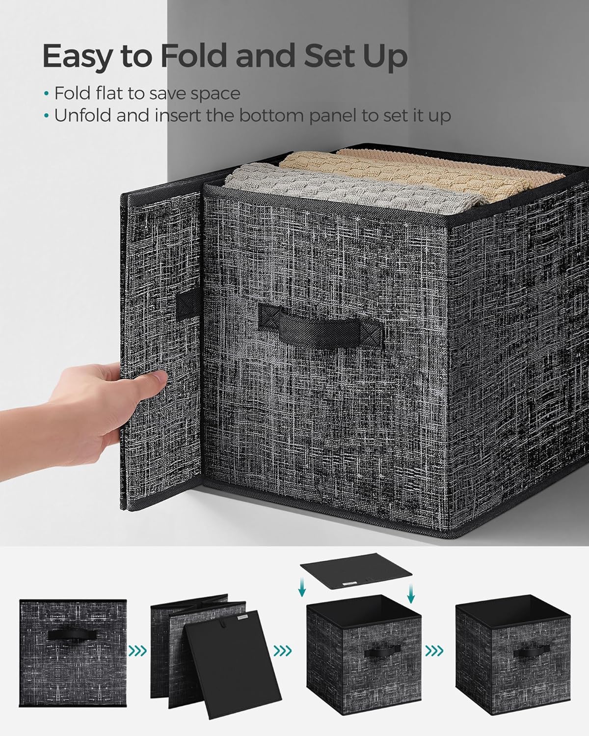 SONGMICS Storage Cubes - Foldable Non-Woven Fabric Bins with Double Handles | Set of 8, Ink Black, 10.2 x 10.2 x 11 Inches