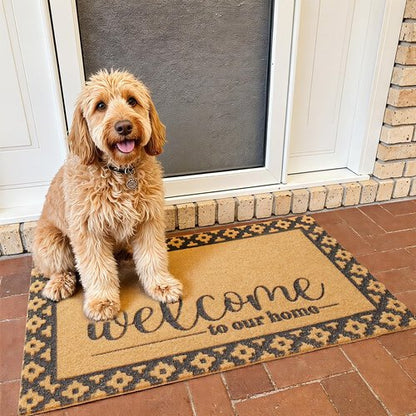 Welcome Mat Front Door Mat Indoor Outside Entrance, Heavy Duty Dirt Trapper Coir Doormat with Non Slip Backing Entryway Rug for Front Back Door, 17x30, Brown