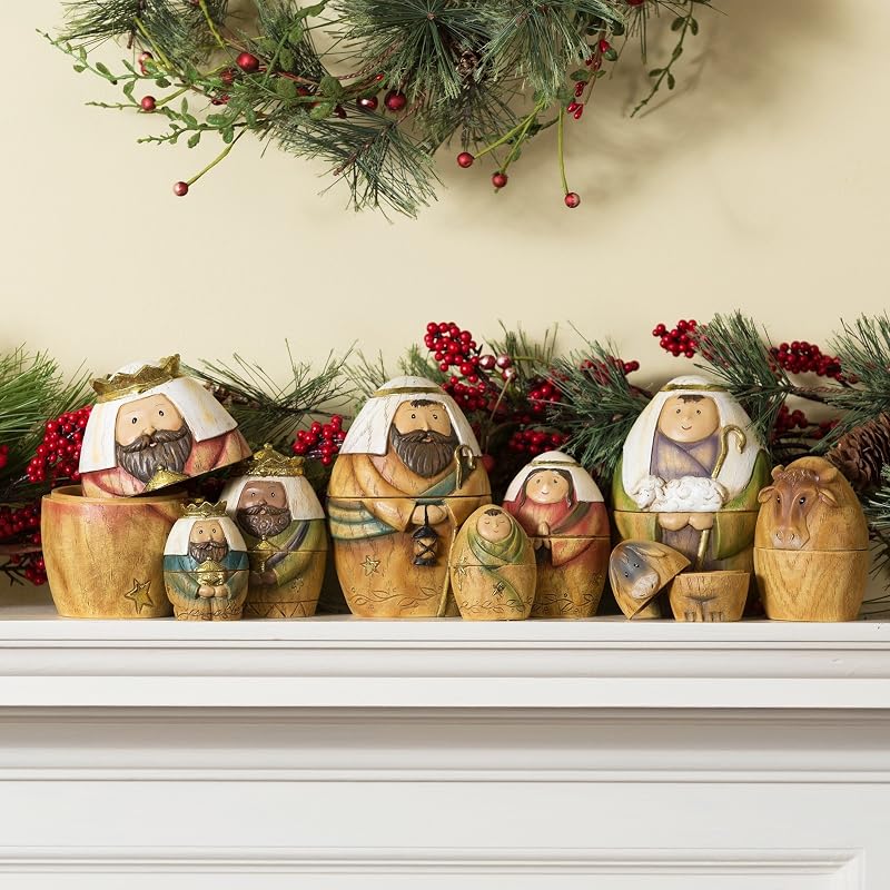 Nativity Nesting Dolls Set of 9 – Holy Family with Three Kings & Shepherd, Resin & Dolomite