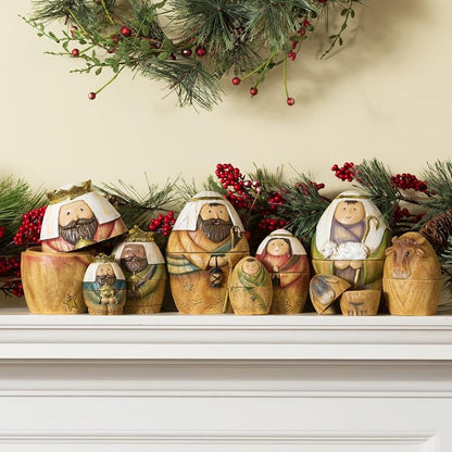 Nativity Nesting Dolls Set of 9 – Holy Family with Three Kings & Shepherd, Resin & Dolomite
