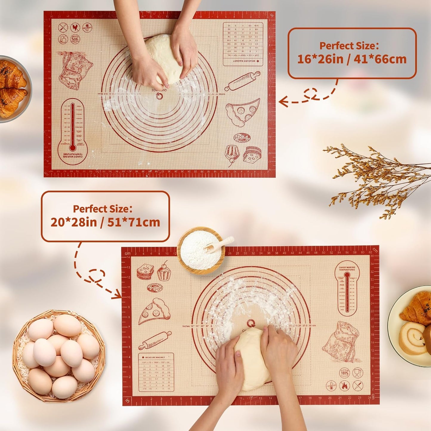 Skiennix Silicone Baking Pastry Mat - 26x16 Inch Nonstick Dough Rolling Sheet for Cookies & Bread