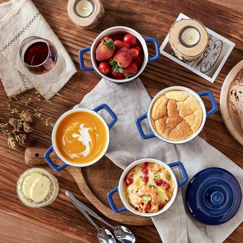 Lareina Mini Cocotte - 12oz Ceramic Casserole Dishes with Handles & Lid - Oven Safe Set of 4 - Blue