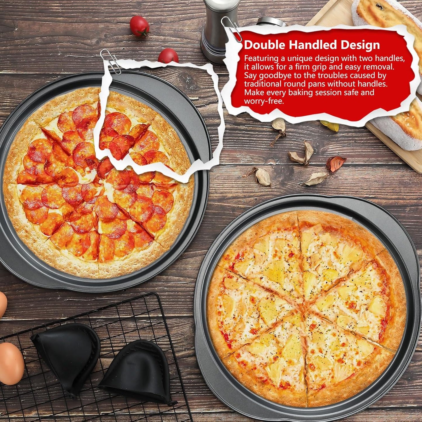 Skiennix 13" Round Pizza Pan - Non-Stick Carbon Steel with Holes & Handle | Easy to Clean & Oven Safe (2 Pack)