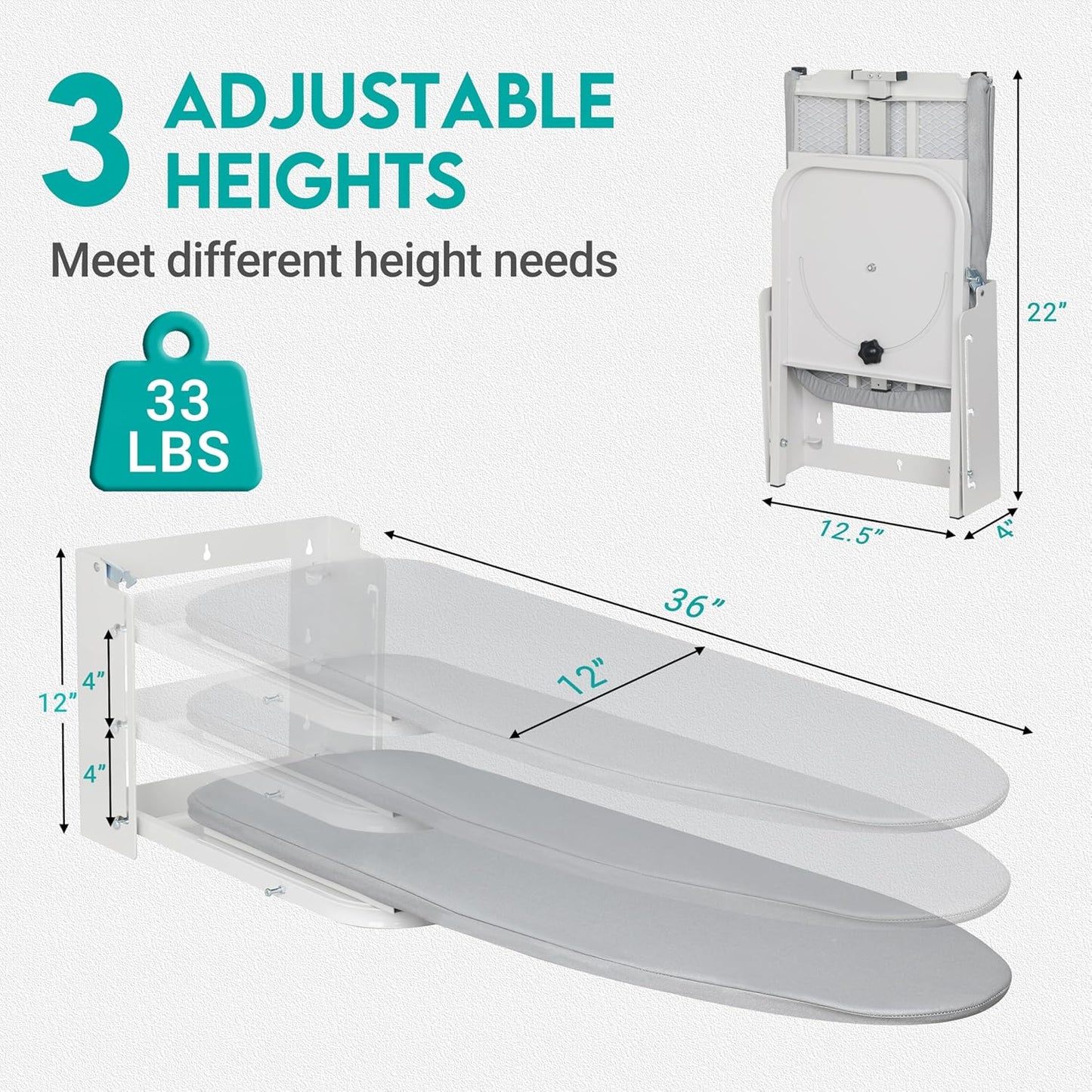 Zoes Homeware Wall Mounted Ironing Board - Space-Saving Design with 180° Rotation | 36" x 12", Silver